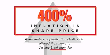 A graphic displaying a 400% inflation in share price for when venture capitalist firm On-line Plc, altered their name to On-line Blockchain Plc